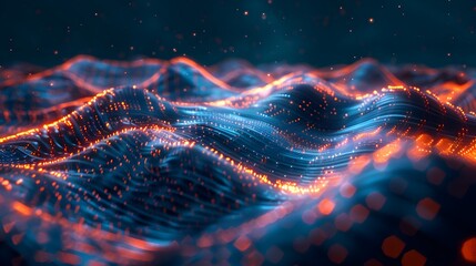 Wall Mural - Abstract Digital Waves with Glowing Particles in Blue and Orange