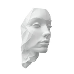 Modern white low-poly 3D sculpture of a human face, showcasing geometric angles and contemporary art design with a minimalist touch.