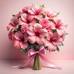 Sticker - A Lush Bouquet of Pink Flowers Displayed Elegantly Against a Soft Pink Background. Generative AI