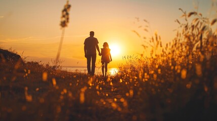 A father and daughter stroll together along the beach, enjoying the warm glow of the sunset in the background