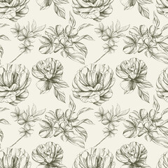 Hand drawn flowers pattern. Ink floral vintage illustration.