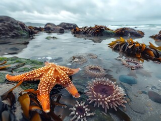 Poster - Vibrant Tide Pools Teeming with Diverse Marine Life at Coastal Beach Landscape