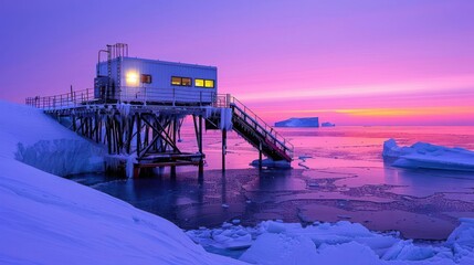 Wall Mural - A small white building sits on a pier in front of a large body of water