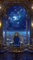 Poster - a blue and gold chair in a room with a view of the city