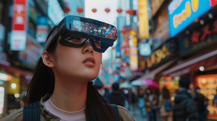Aufkleber - A young woman explores a vibrant city street adorned with neon lights while wearing augmented reality glasses.
