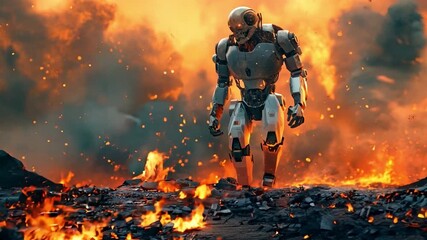 Canvas Print - Robotic military cyborg strolls amid flames, conflict, and the end of the world