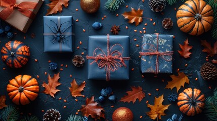 Poster - a group of wrapped presents surrounded by leaves and pine cones