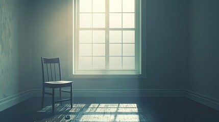 Single chair in an empty room, facing a window on a rainy day, creating a peaceful, introspective scene.