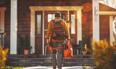 Back of professional handyman or repairman with bag and tools walking into the front door house, Generative AI