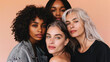 © Alina Tymofieieva - Portrait of three multiracial friends in stylish clothes against a soft light background. Beautiful women posing indoors. Beauty and fashion concept.