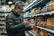 © Raool - Middle aged man shopping for products and scanning barcode with smartphone at supermarket., checking information about sauce, Generative AI