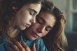 © Raool - Worried mom comforting depressed crying teen daughter, mother supporting sad teenage girl having psychological puberty problem concept, Generative AI