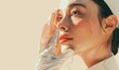 © Raool - Doctor examining face of lady with clean glowing skin, woman ready for aesthetic procedure at cosmetologist cabinet, beige background, Generative AI