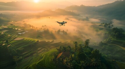 Canvas Print - Drone Capturing the Tranquil Beauty of a Rice Terrace at Sunrise