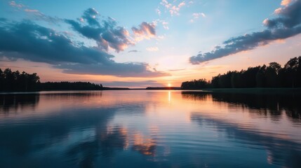 Aufkleber - A beautiful lake with a sunset in the background. The sky is filled with clouds, and the sun is setting, creating a warm and peaceful atmosphere