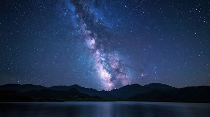 Poster - The night sky is filled with stars and a large milky way. The mountains in the background add to the beauty of the scene