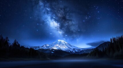 A beautiful night sky with a large mountain in the background. The sky is filled with stars and the moon is shining brightly. The scene is peaceful and serene, making it a perfect place to relax