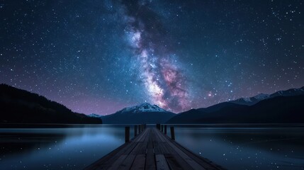 Poster - A beautiful night sky with a large milky way. The sky is filled with stars and the moon is shining brightly. The scene is peaceful and serene, with the water reflecting the stars and the moon