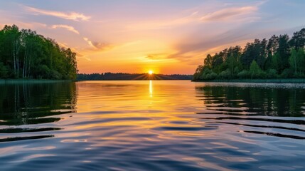 Aufkleber - A beautiful lake with a sunset in the background. The water is calm and the sky is orange