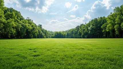 Aufkleber - A large, open field of grass with trees in the background. The sky is clear and bright, and the sun is shining down on the grass. The scene is peaceful and serene