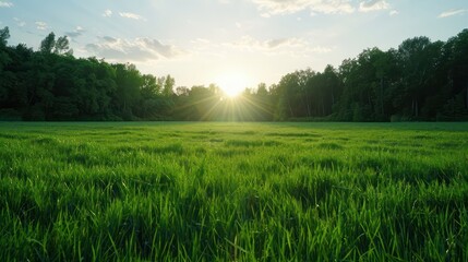 Aufkleber - A large field of grass with a bright sun shining on it. The sun is setting, casting a warm glow over the grass. The scene is peaceful and serene