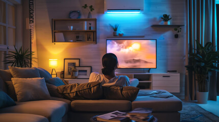 Wall Mural - Rear view of a young man watching a large TV while sitting on a light sofa in the living room. A man watches TV in a dark room at home. Vacation concept.