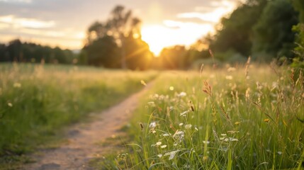 Aufkleber - A path through a field of grass with a sun shining on it. The sun is setting and the sky is a mix of blue and orange