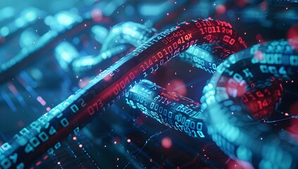 3d render of futuristic digital chain with binary code background, blue and red colors, highly detailed, sharp focus, high resolution