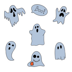 Wall Mural - Set of Halloween ghosts in doodle style. Happy Halloween. Horror costume. Vector illustration.