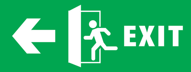 Emergency exit sign, running man icon to door, green color, arrow vector, warning sign plate warning emergency sign isolated background