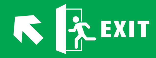 Wall Mural - Emergency exit sign, running man icon to door, green color, arrow vector, warning sign plate warning emergency sign isolated background