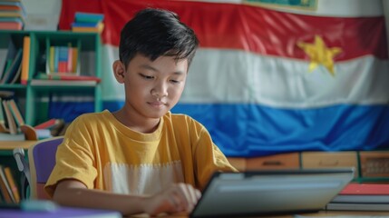 Aufkleber - A young boy focused on his online lessons at home, sitting at a desk with a tablet and colorful books, with a flag displayed in the background.
