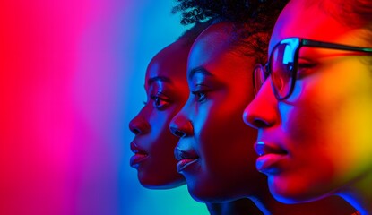 Vibrant colored photo of a multiethnic portrait, featuring different ethnicities in a neon light style, with various skin tones, isolated on a colorful background, conveying a diversity concept.