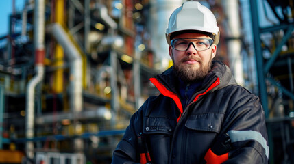 Serious industrial worker in orange uniform and hard hat at factory