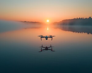 Poster - Drone Capturing Serene Sunrise Over Misty Lake with Reflective Waters