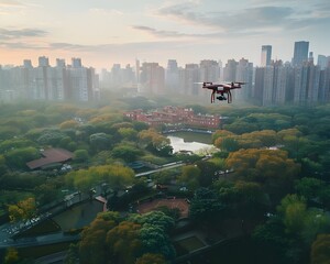 Drone Capturing Lush City Park Amidst Urban Skyline at SunriseSunset