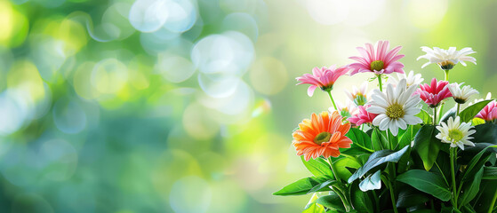 Beautiful bouquet of colorful flowers in full bloom with a bokeh background of lush greenery and soft sunlight.