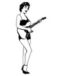 © Yurals Art - Girl playing electric guitar and singing. Black and white vector clipart isolated on white.
