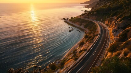 Wall Mural - road landscape on the beach in summer Car in motion in highway landscape under coastal road Car driving on highway Travel journey for summer trip on nature Colorful sea in sunset Medit : Generative AI