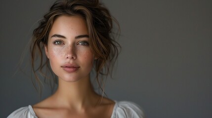 Sticker - Captivating Gaze: A captivating portrait of a young woman with warm brown eyes, tousled brown hair, and a soft, natural beauty. Her simple white blouse and gray background enhance her features