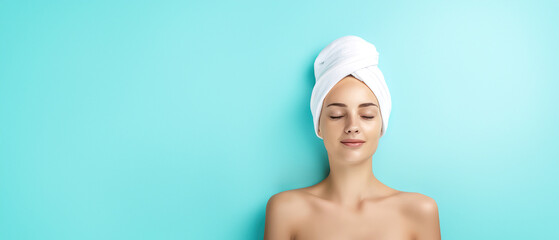 Relaxed woman with towel wrapped hair against a blue background, embodying spa wellness and skincare routine.