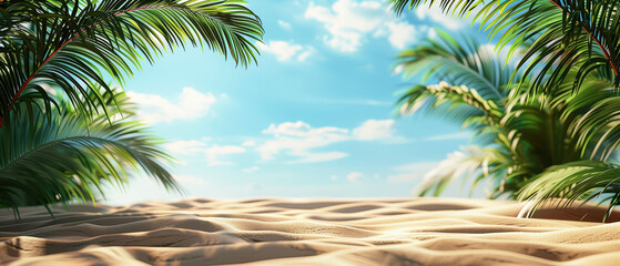 Wall Mural - Tropical beach scene with golden sand, blue sky, and palm leaves