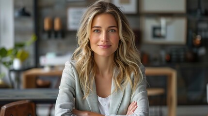 Poster - Confident Woman in Modern Office: A portrait of a confident businesswoman with a warm smile, captured in a modern office setting, radiating success and determination.  