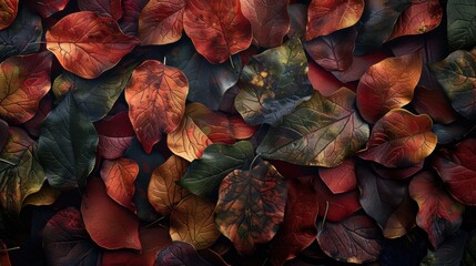 A close-up of colorful fall leaves with detailed textures and soft lighting, adding a natural and rich backdrop