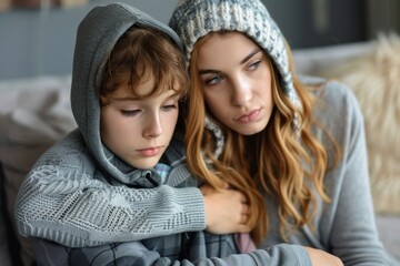 Caring mother comforting depressed upset teen daughter, stressed unhappy girl wearing hood sitting on sofa at home, Generative AI