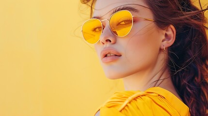 Wall Mural - woman beautiful fashion young attractive model sunglasses lifestyle girl yellow trendy : Generative AI