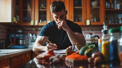 Wall Mural - Cropped image of handsome young sportsman making notes while preparing sport nutrition in kitchen at home : Generative AI