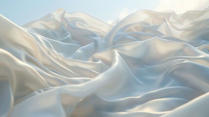 Wall Mural - Soft white silk fabric draped elegantly, creating a luxurious texture with gentle waves The background features a serene light blue sky