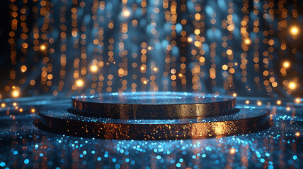 Wall Mural - Shiny Blue Glitter Podium with Vibrant Bokeh Background