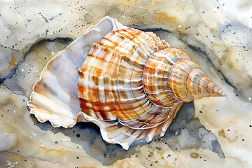 Watercolor painting of seashells - ocean art with spiral shell beach, Generative AI.